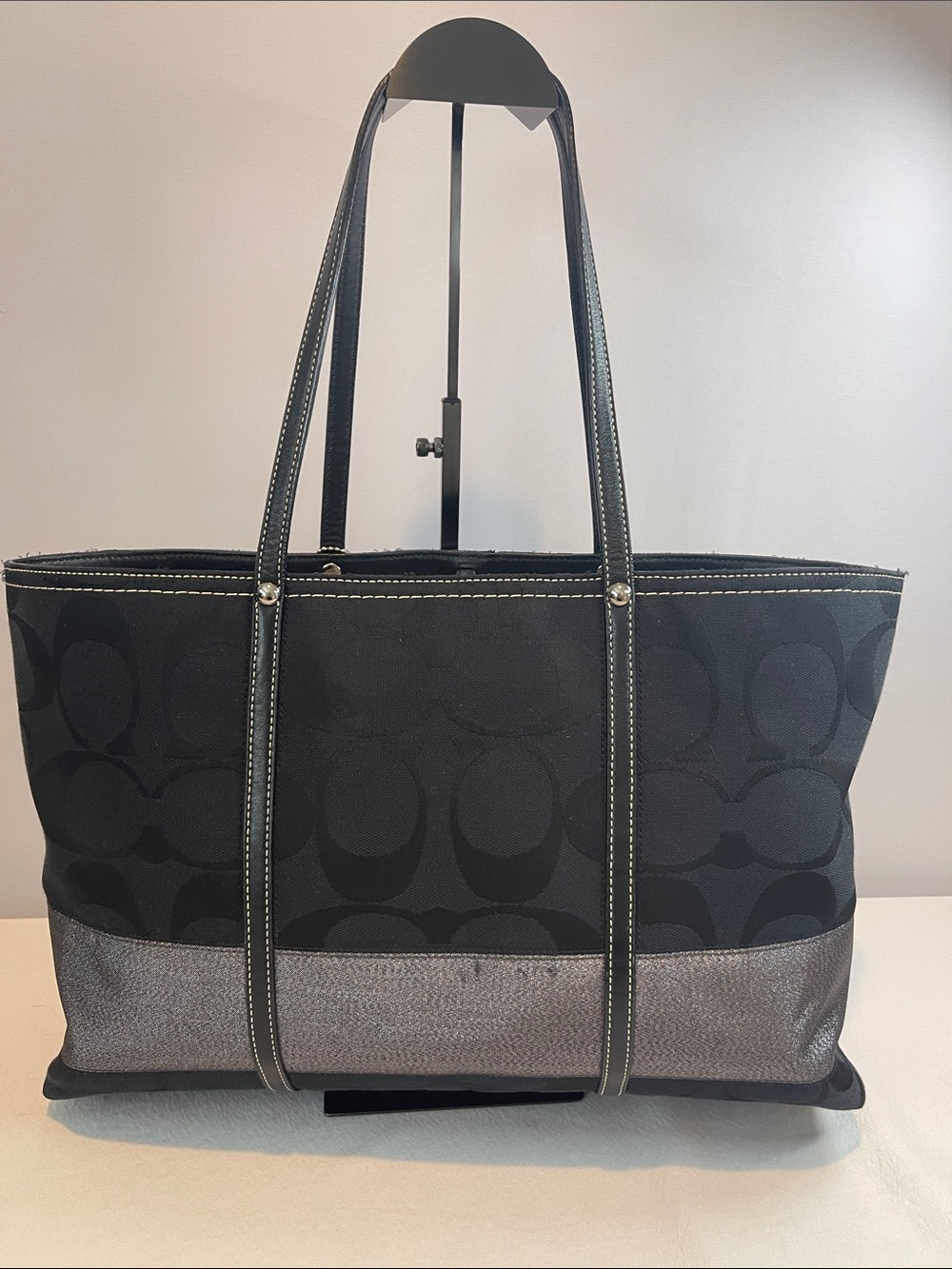 Coach F0767-11099 Signature Tote Black Jacquard Silver Metallic Shoulder Bag - Picture 4 of 11